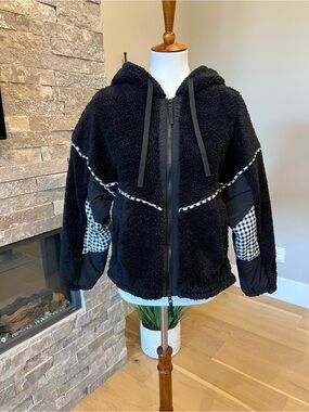 Black Fleece Hooded Jacket with Gingham Trim